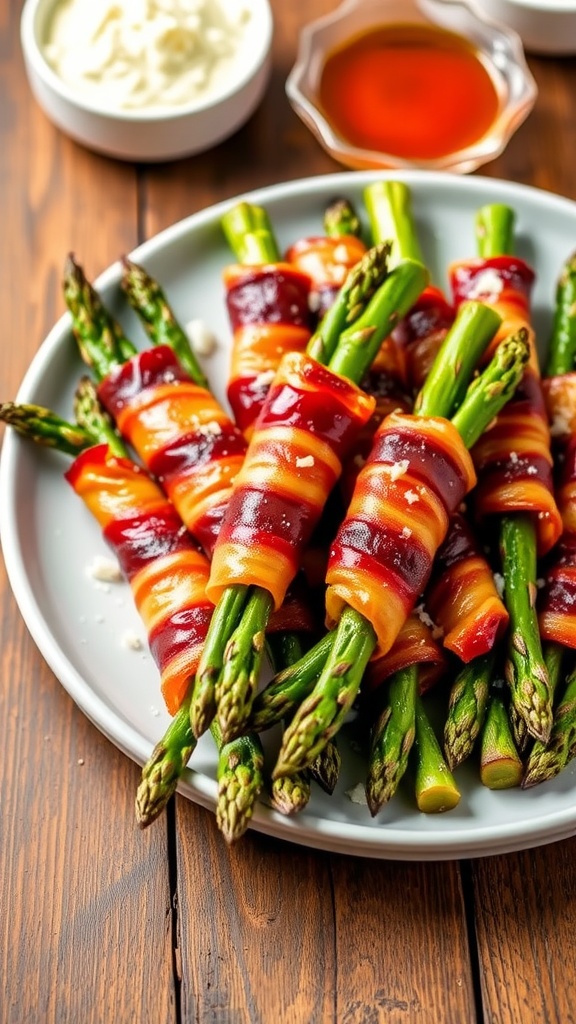 Crispy bacon-wrapped asparagus on a plate, garnished with Parmesan cheese.